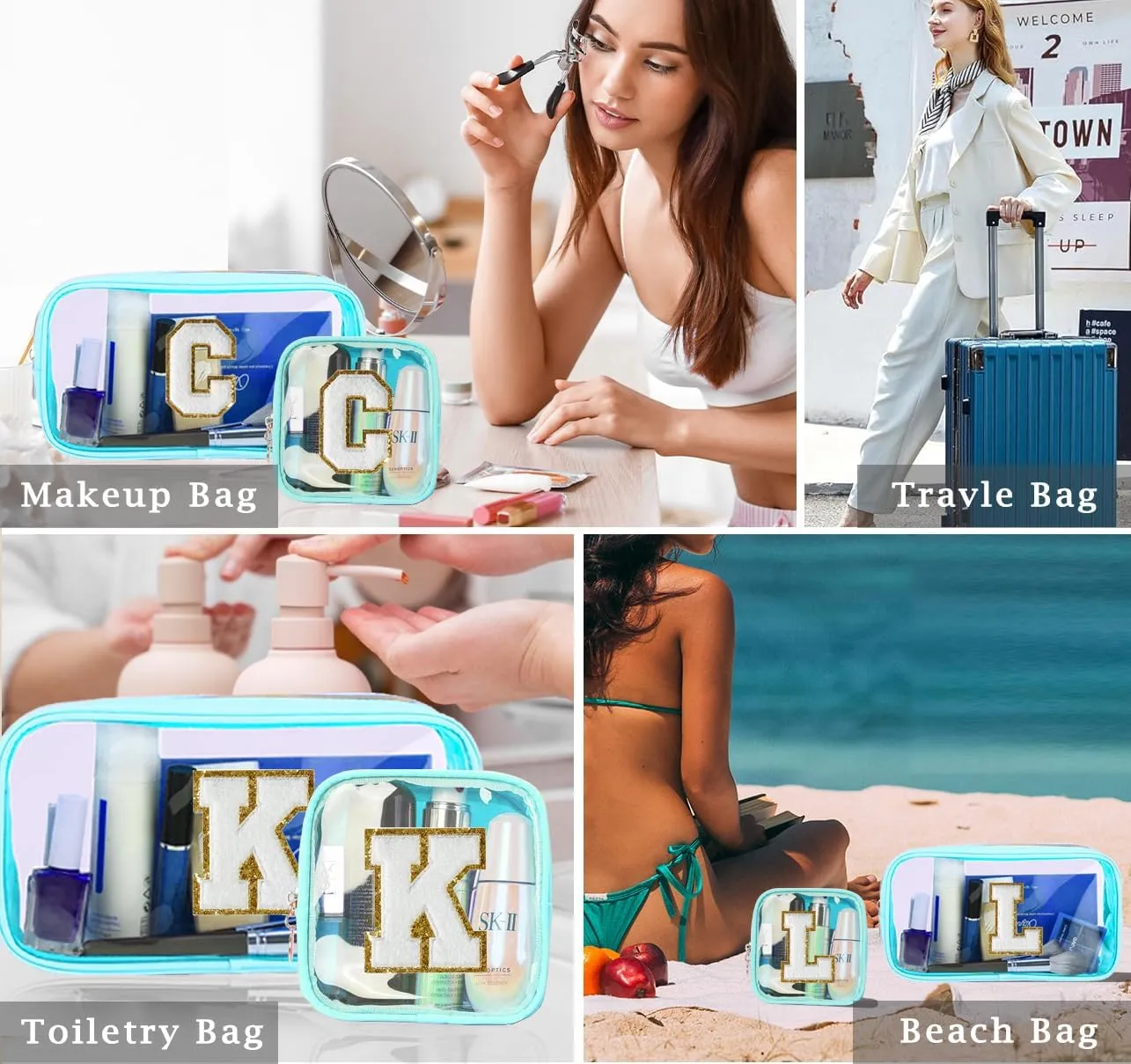 2pcs Personalized Initial Letter Clear Makeup Bag | Waterproof Nylon Preppy Cosmetic Bag | Travel Toiletry Bag | Monogrammed Gifts for Women Girl | Wedding Bridal Shower Gifts for Bridesmaids(Blue H)