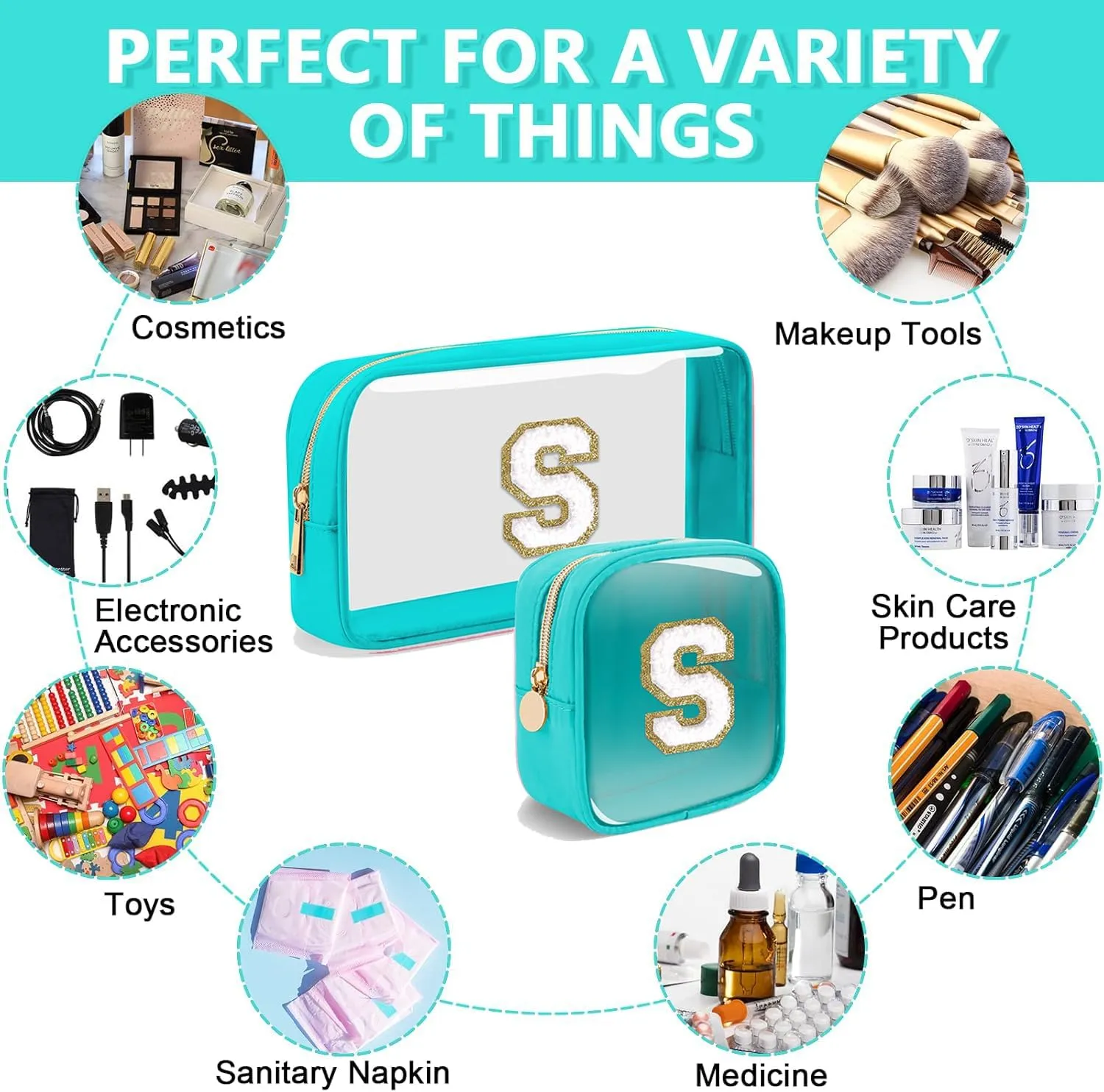 2pcs Personalized Initial Letter Clear Makeup Bag | Waterproof Nylon Preppy Cosmetic Bag | Travel Toiletry Bag | Monogrammed Gifts for Women Girl | Wedding Bridal Shower Gifts for Bridesmaids(Blue H)