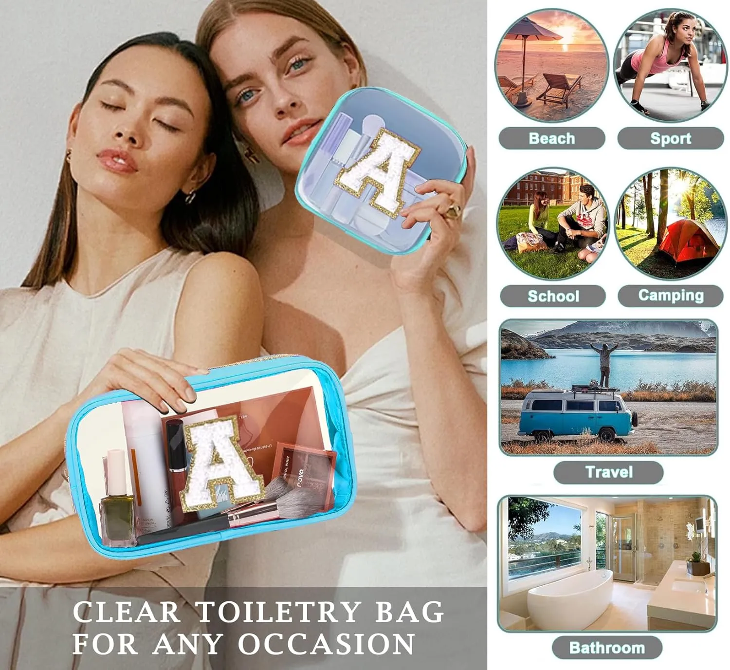 2pcs Personalized Initial Letter Clear Makeup Bag | Waterproof Nylon Preppy Cosmetic Bag | Travel Toiletry Bag | Monogrammed Gifts for Women Girl | Wedding Bridal Shower Gifts for Bridesmaids(Blue H)