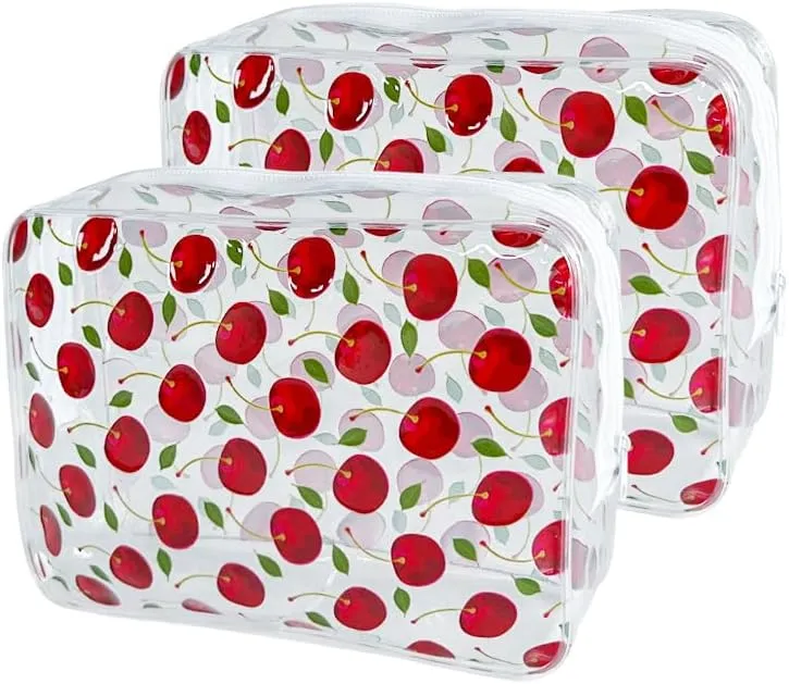 2PCS Red Cherry Transparent PVC Cosmetic Bag, Portable Waterproof Storage Bag for Girls' Cosmetics and Toiletries. (Cherry printing-2pcs)