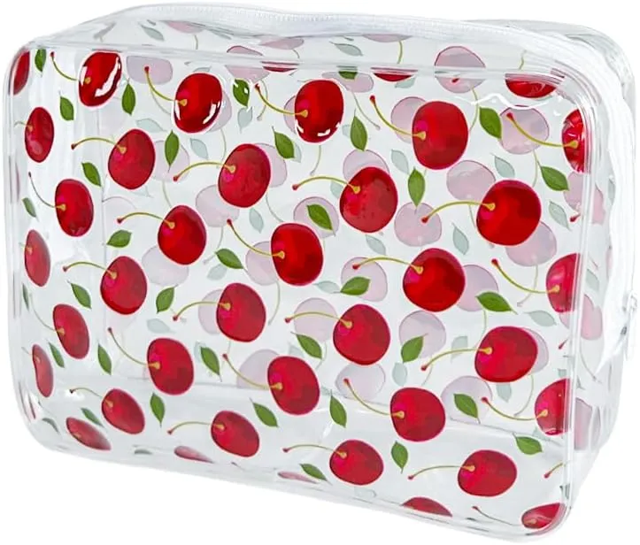 2PCS Red Cherry Transparent PVC Cosmetic Bag, Portable Waterproof Storage Bag for Girls' Cosmetics and Toiletries. (Cherry printing-2pcs)