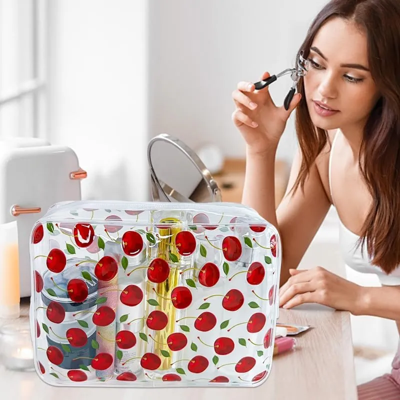 2PCS Red Cherry Transparent PVC Cosmetic Bag, Portable Waterproof Storage Bag for Girls' Cosmetics and Toiletries. (Cherry printing-2pcs)