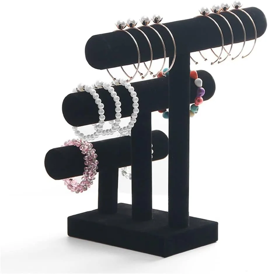 3 Tier Black Velvet Detachable Bracelet Chain Watch T-Bar Rack Jewelry Organizer Hard Display Jewelry Display