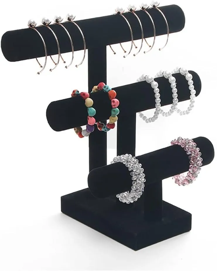 3 Tier Black Velvet Detachable Bracelet Chain Watch T-Bar Rack Jewelry Organizer Hard Display Jewelry Display