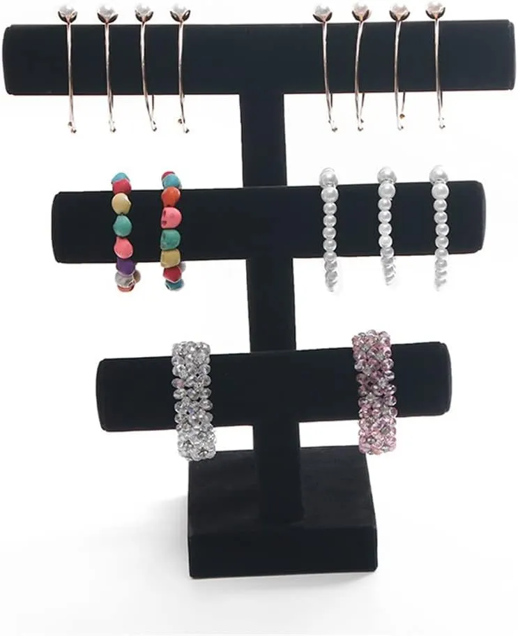 3 Tier Black Velvet Detachable Bracelet Chain Watch T-Bar Rack Jewelry Organizer Hard Display Jewelry Display