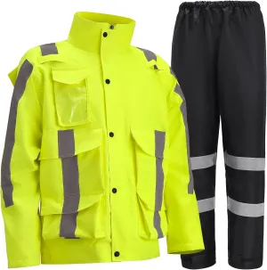 300D Reflective Hi Vis Rain Jacket Safety Rain Suits for Men & Women Class 3 High Visibility Waterproof Rain Jacket