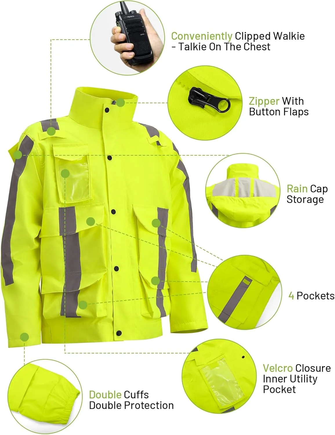 300D Reflective Hi Vis Rain Jacket Safety Rain Suits for Men & Women Class 3 High Visibility Waterproof Rain Jacket