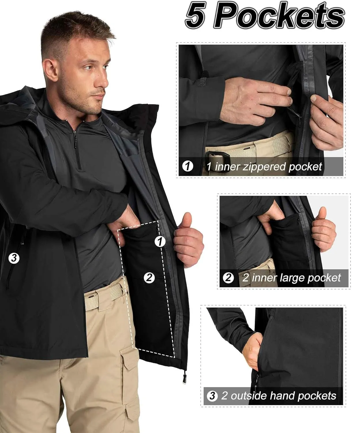 33,000ft Mens Rain Jacket, 3-Layer Performance Lightweight Rain Jackets Waterproof with Hood for Hiking Ski Sailing Cycling