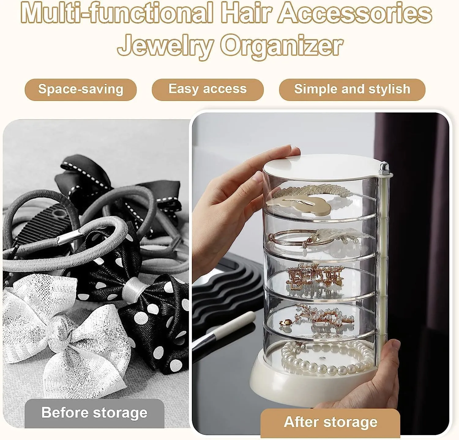 360° Rotating Hair Accessories Organizer, Clear 5-Layers Acrylic Jewelry Box, Bathroom Containers for Headband, Bows, Hair Tie, Cotton Swab Organization for Preppy Women