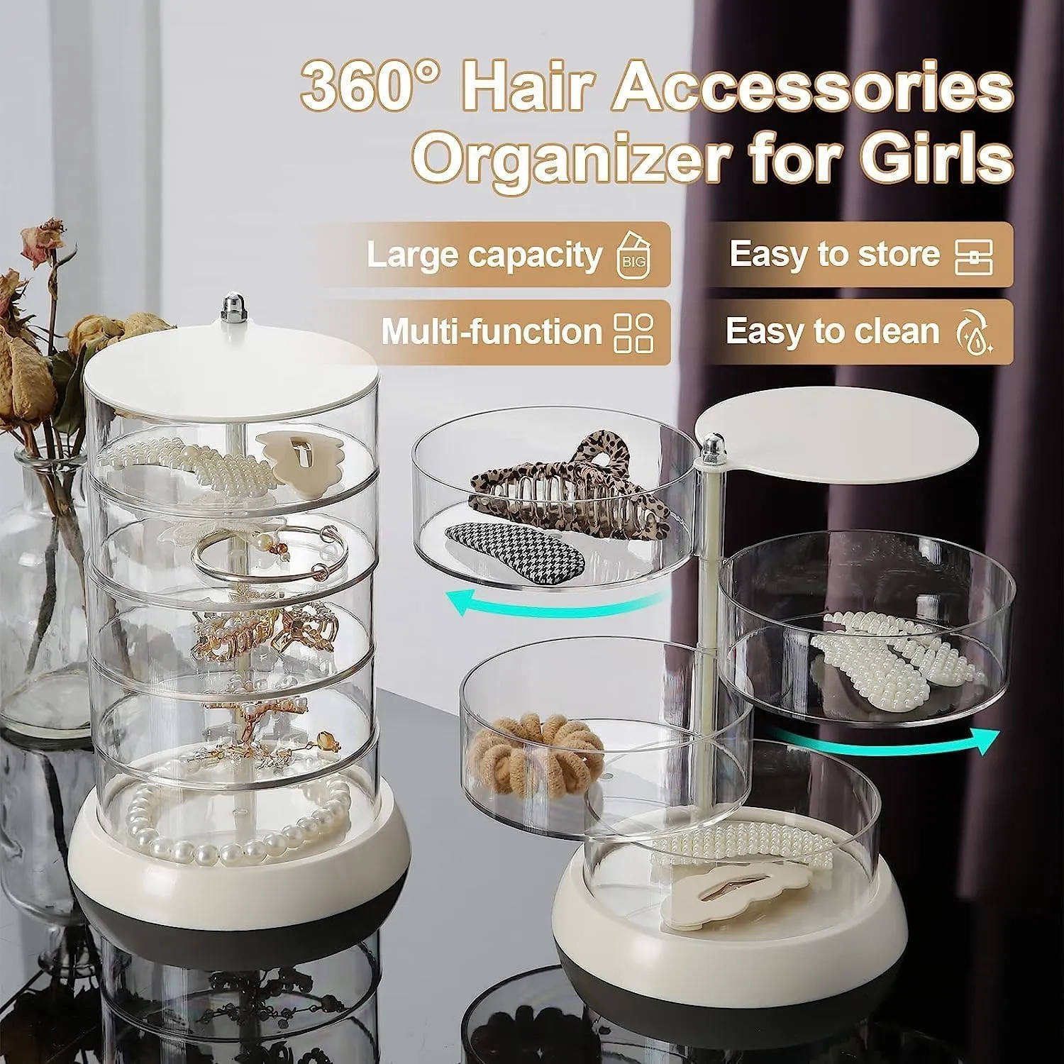 360° Rotating Hair Accessories Organizer, Clear 5-Layers Acrylic Jewelry Box, Bathroom Containers for Headband, Bows, Hair Tie, Cotton Swab Organization for Preppy Women