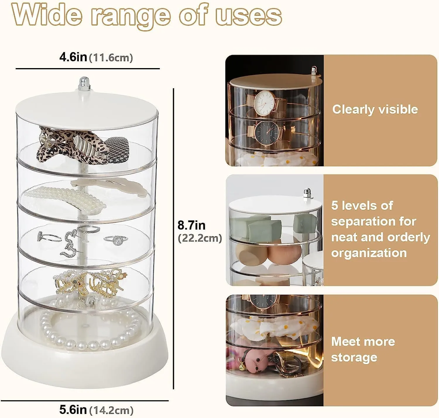 360° Rotating Hair Accessories Organizer, Clear 5-Layers Acrylic Jewelry Box, Bathroom Containers for Headband, Bows, Hair Tie, Cotton Swab Organization for Preppy Women