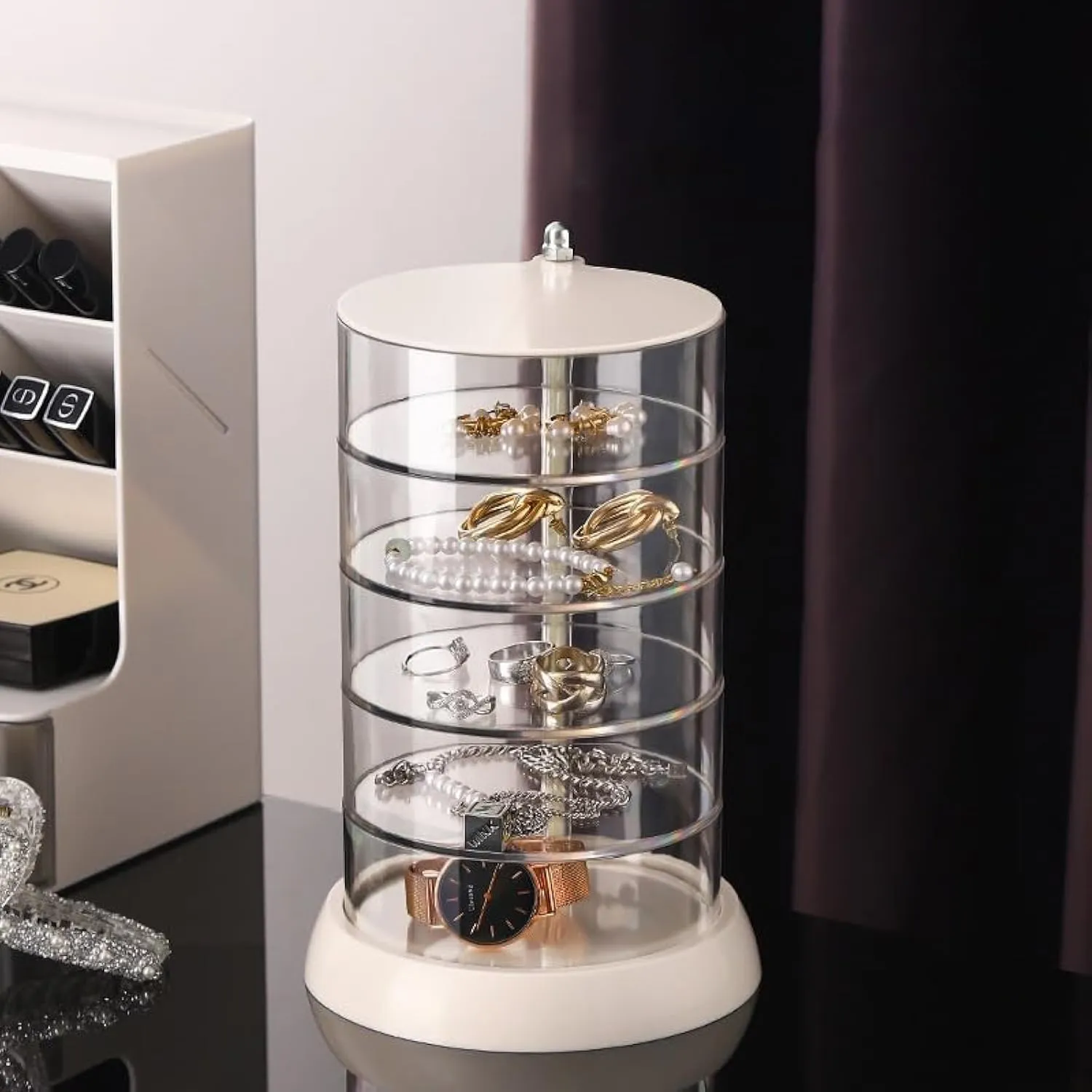 360° Rotating Hair Accessories Organizer, Clear 5-Layers Acrylic Jewelry Box, Bathroom Containers for Headband, Bows, Hair Tie, Cotton Swab Organization for Preppy Women