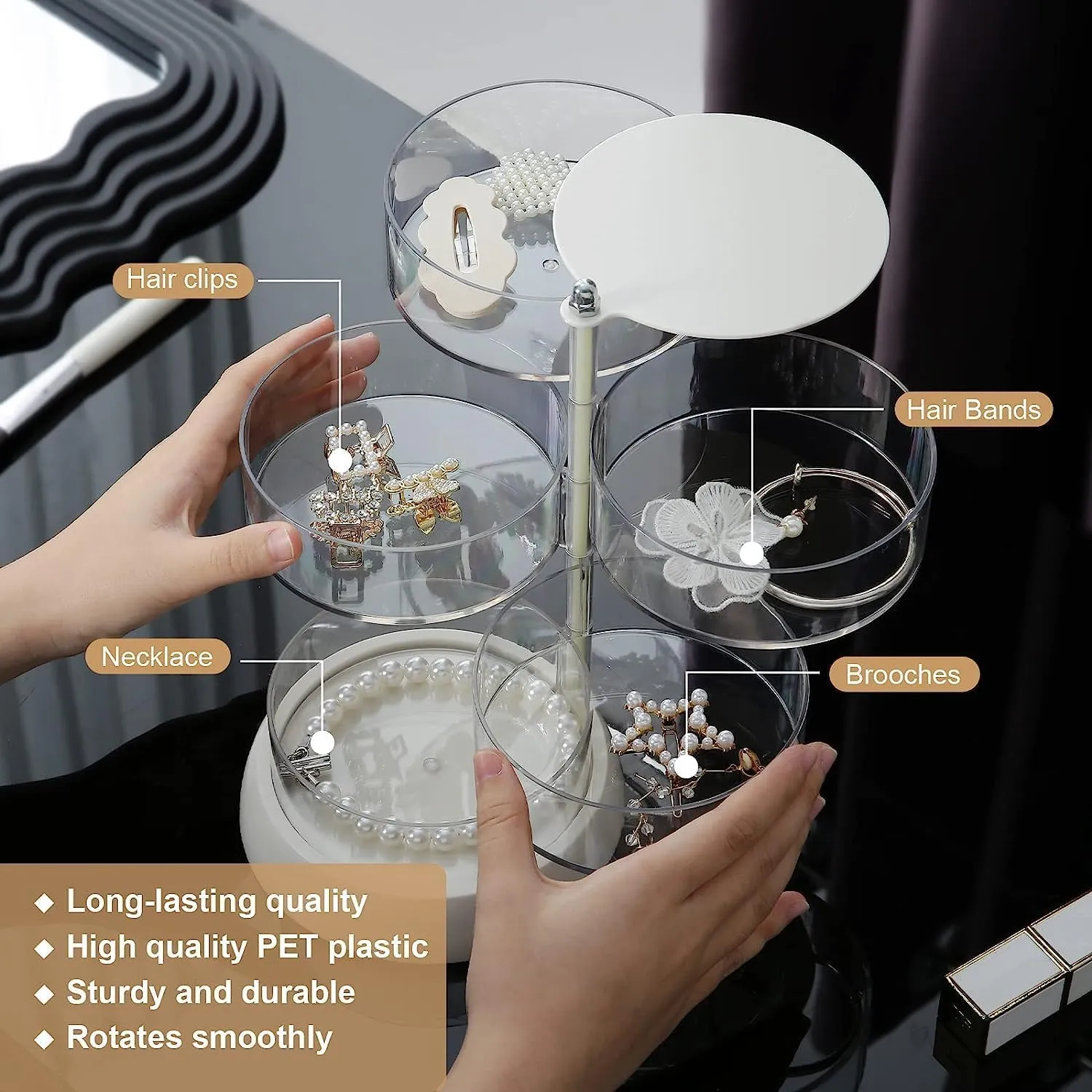 360° Rotating Hair Accessories Organizer, Clear 5-Layers Acrylic Jewelry Box, Bathroom Containers for Headband, Bows, Hair Tie, Cotton Swab Organization for Preppy Women