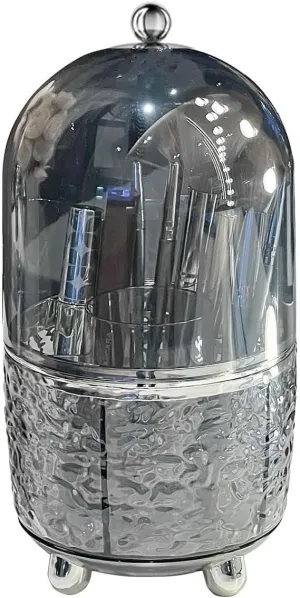 360 Rotating Makeup Brush Holder with Lid Dustproof Spinning Brush Storage for Bathroom Countertop, Cosmetic Tools Organizer with Cover for Vanity (Gray)