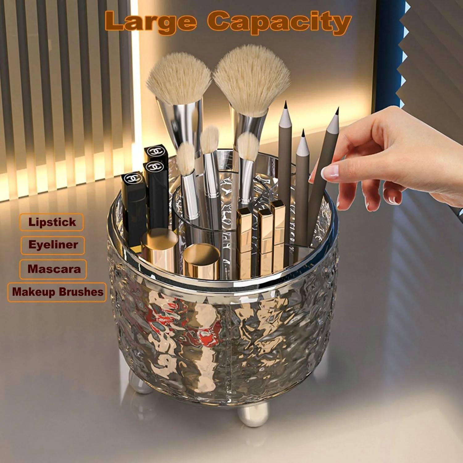 360 Rotating Makeup Brush Holder with Lid Dustproof Spinning Brush Storage for Bathroom Countertop, Cosmetic Tools Organizer with Cover for Vanity (Gray)