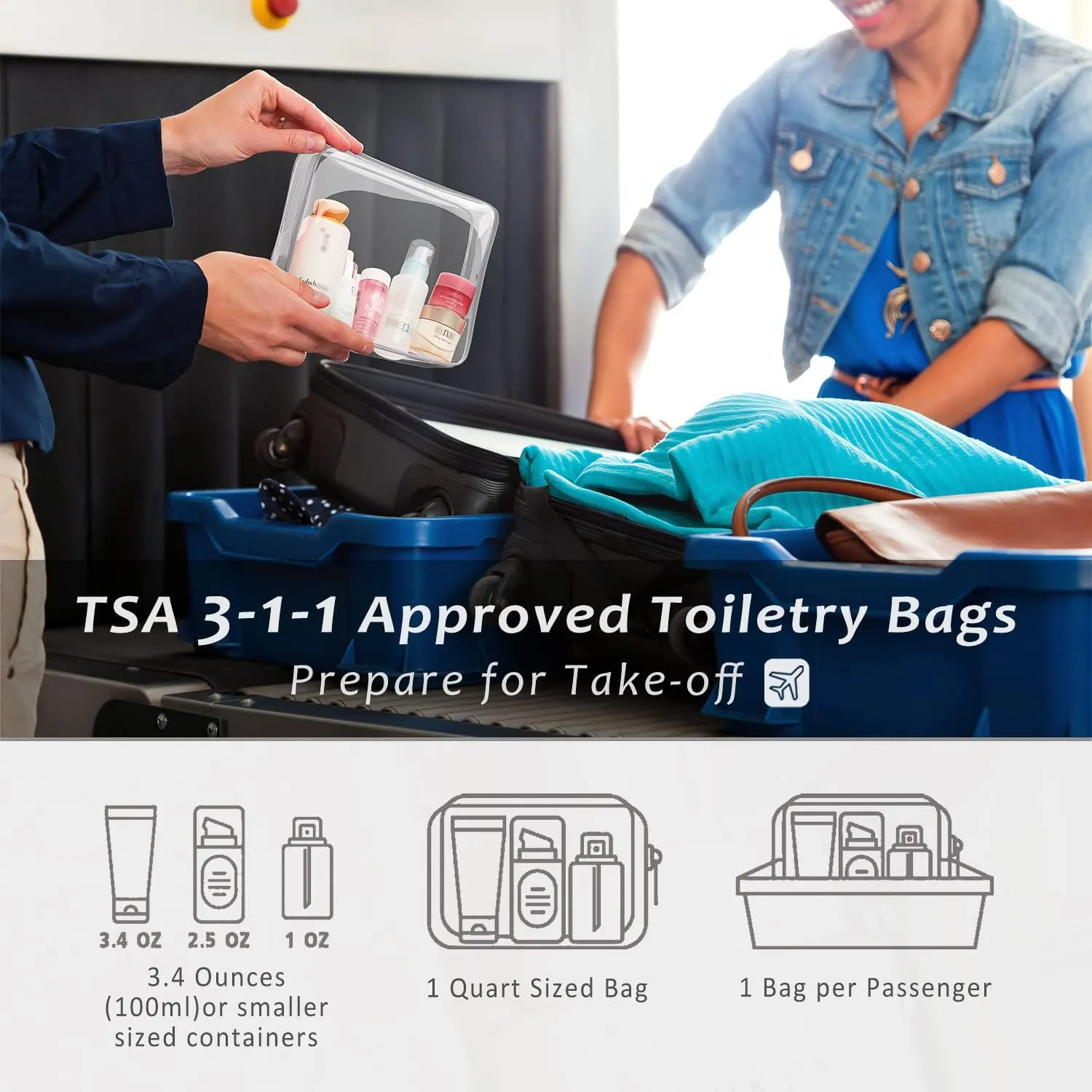 3pcs Clear Cosmetic Bags, TSA Approved Toiletry Bag Set Crystal Clear Travel Beach Essentials Bag Organization PVC, Clear Makeup Bags Luggage Pouch Carry on Airport Airline Compliant Bag Women Men