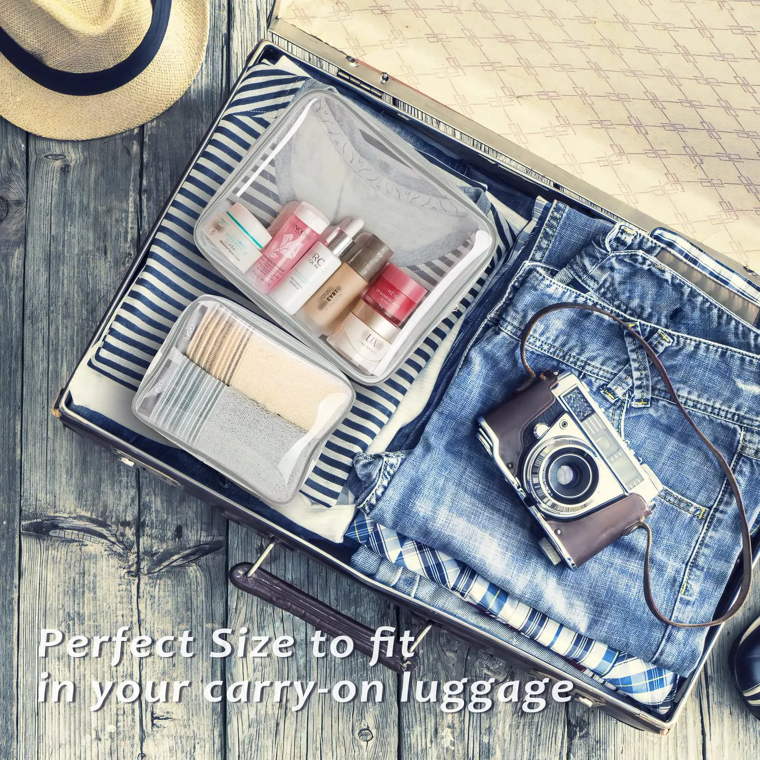 3pcs Clear Cosmetic Bags, TSA Approved Toiletry Bag Set Crystal Clear Travel Beach Essentials Bag Organization PVC, Clear Makeup Bags Luggage Pouch Carry on Airport Airline Compliant Bag Women Men