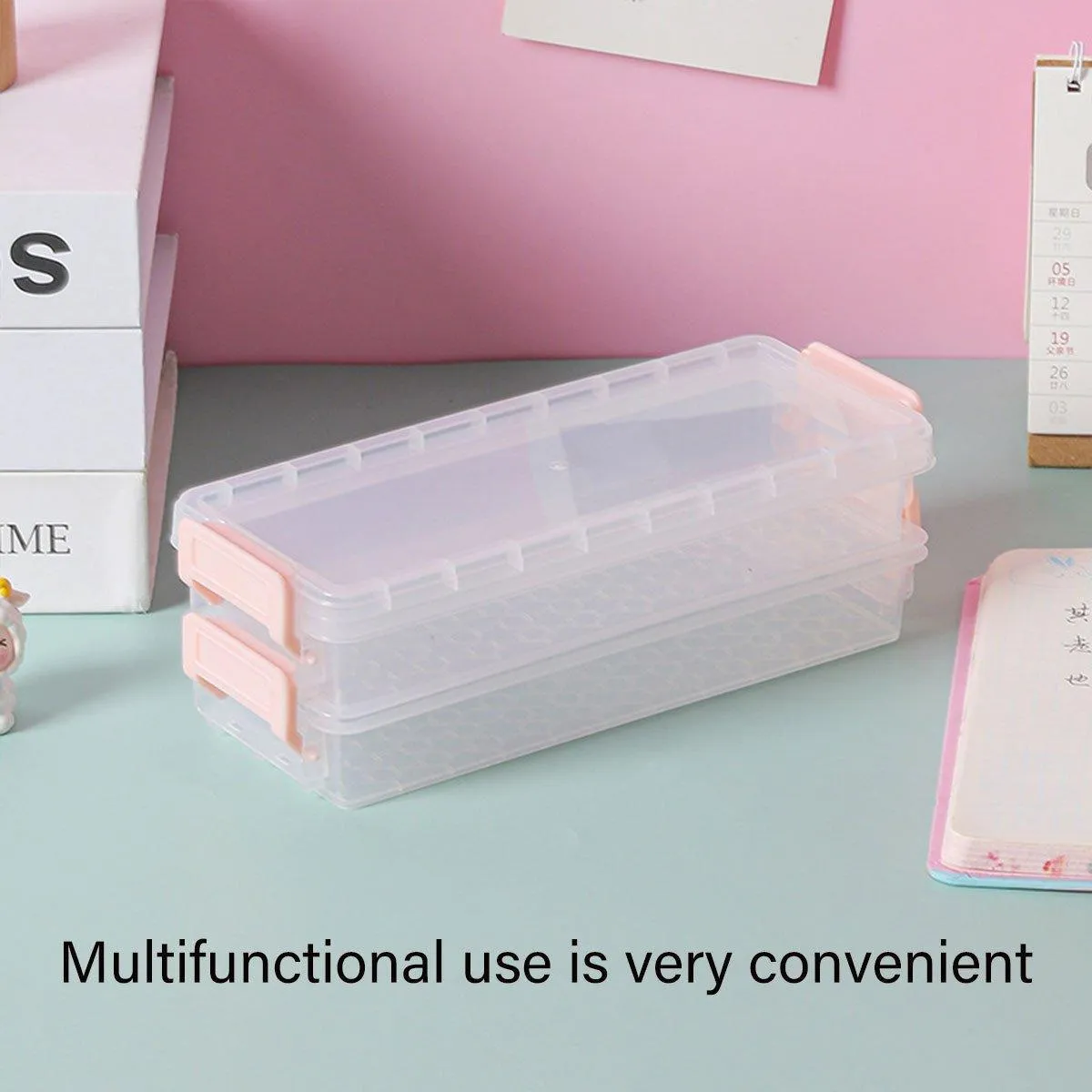3PCS Clear Plastic Desktop Storage Box 2 Layer Holder DIY Stationery Pencil Case