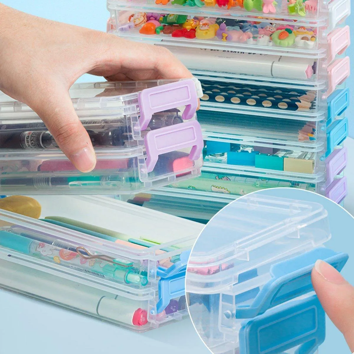 3PCS Clear Plastic Desktop Storage Box 2 Layer Holder DIY Stationery Pencil Case