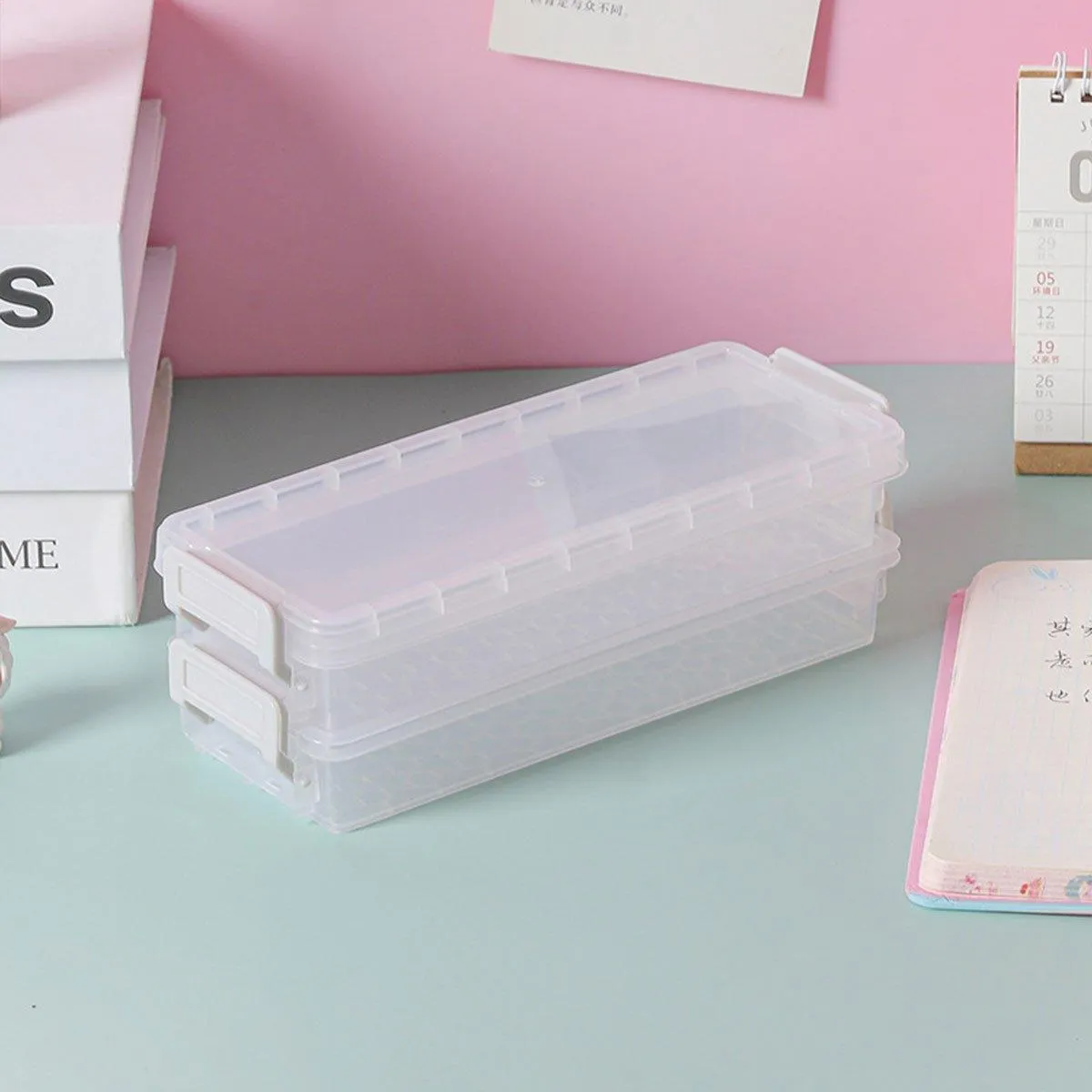 3PCS Clear Plastic Desktop Storage Box 2 Layer Holder DIY Stationery Pencil Case