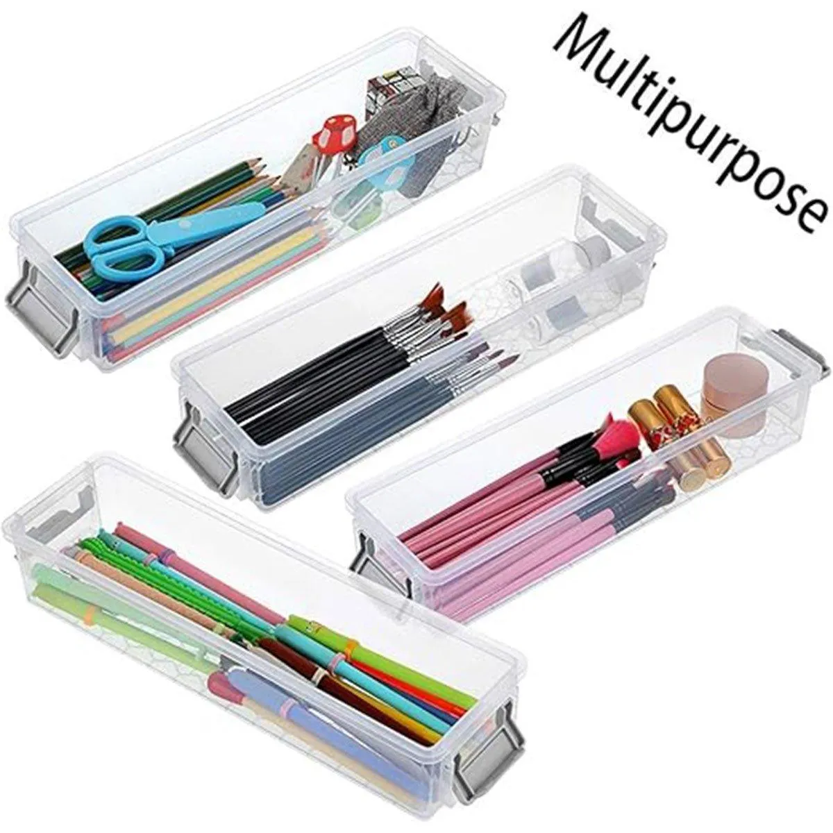 3PCS Clear Plastic Desktop Storage Box 2 Layer Holder DIY Stationery Pencil Case