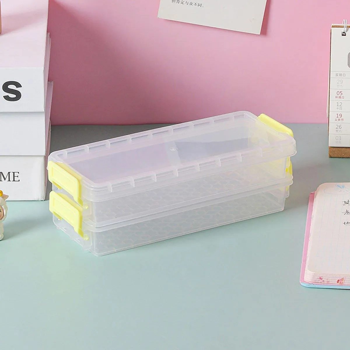 3PCS Clear Plastic Desktop Storage Box 2 Layer Holder DIY Stationery Pencil Case
