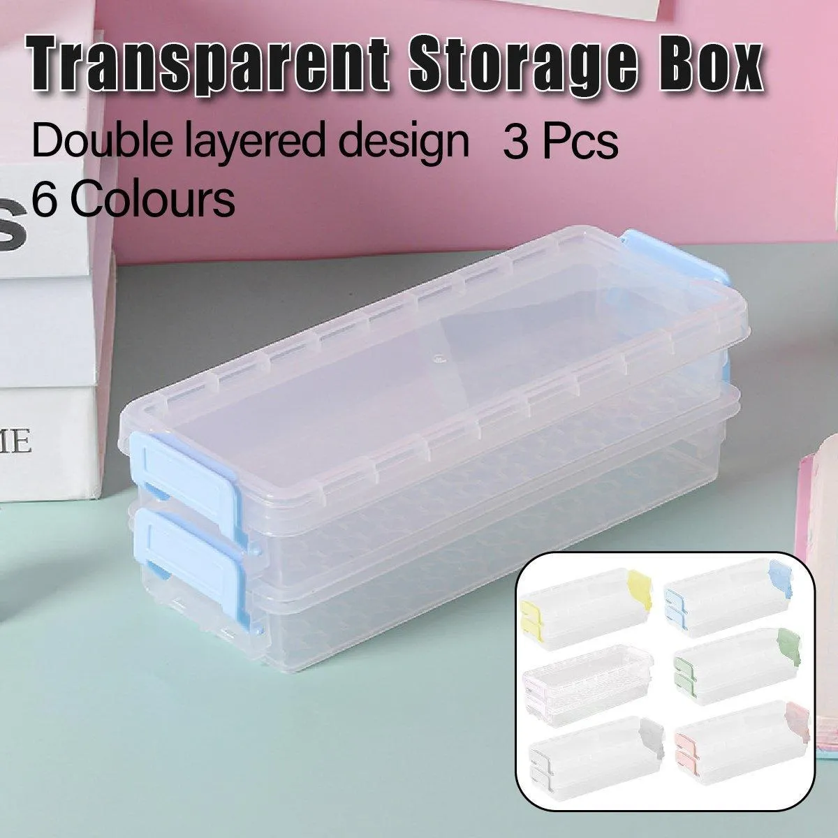 3PCS Clear Plastic Desktop Storage Box 2 Layer Holder DIY Stationery Pencil Case
