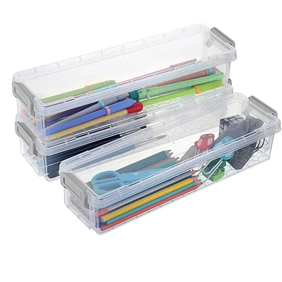 3PCS Clear Plastic Desktop Storage Box 2 Layer Holder DIY Stationery Pencil Case