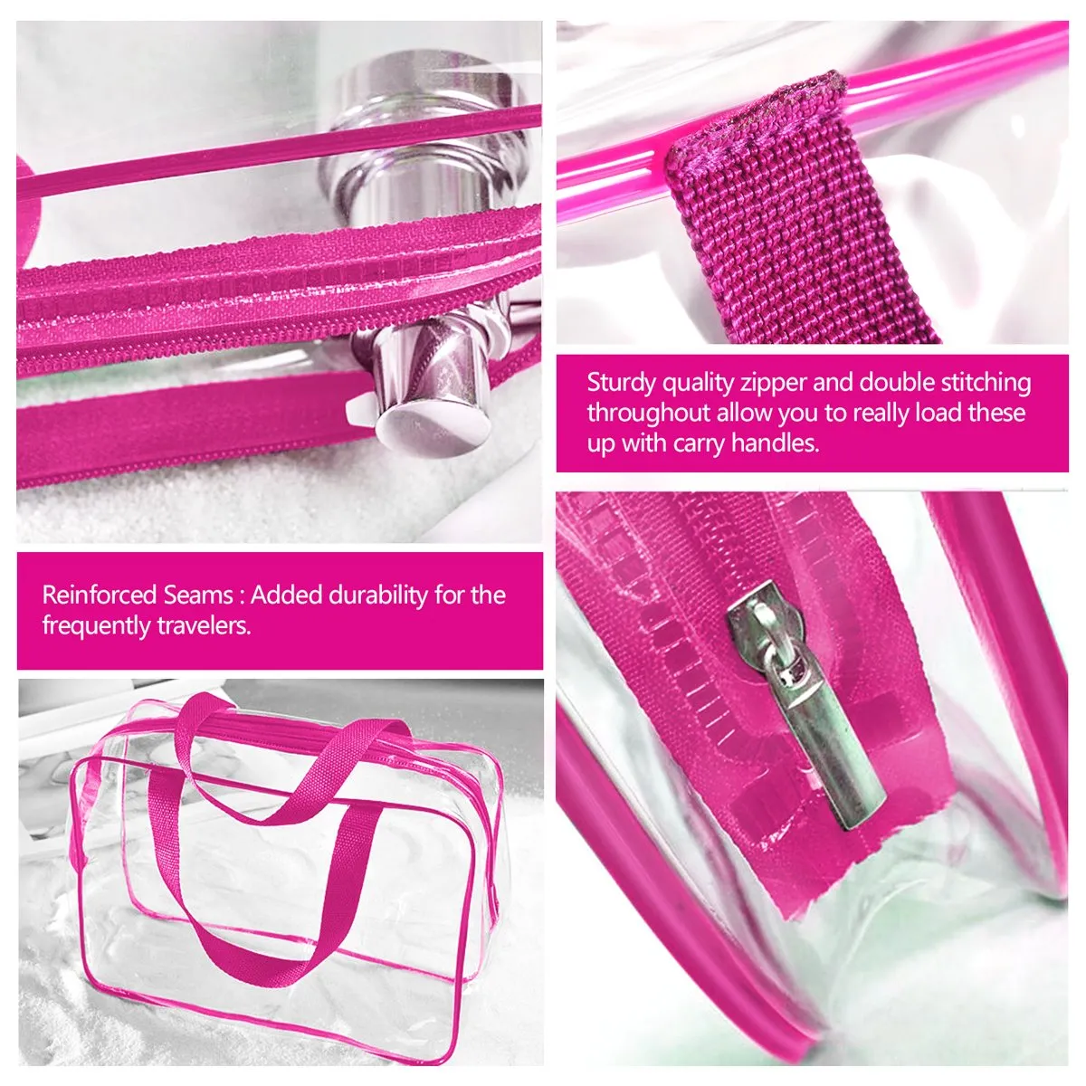 3Pcs Crystal Clear PVC Travel Toiletry Bag Kit for Women Men, Waterproof Vinyl Organizer Clear Makeup Bags with Zipper Handle Straps, Cosmetic Bag Pouch Carry on Airport Airline Compliant Bag Handbag