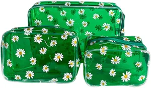 3PCS Green Daisy Transparent Cosmetic Bag and Travel Pouch-Durable PVC Material,clear makeup bags with zipper, clear toiletry bag for Smooth Sliding-Ideal for Makeup,Travel Essentials