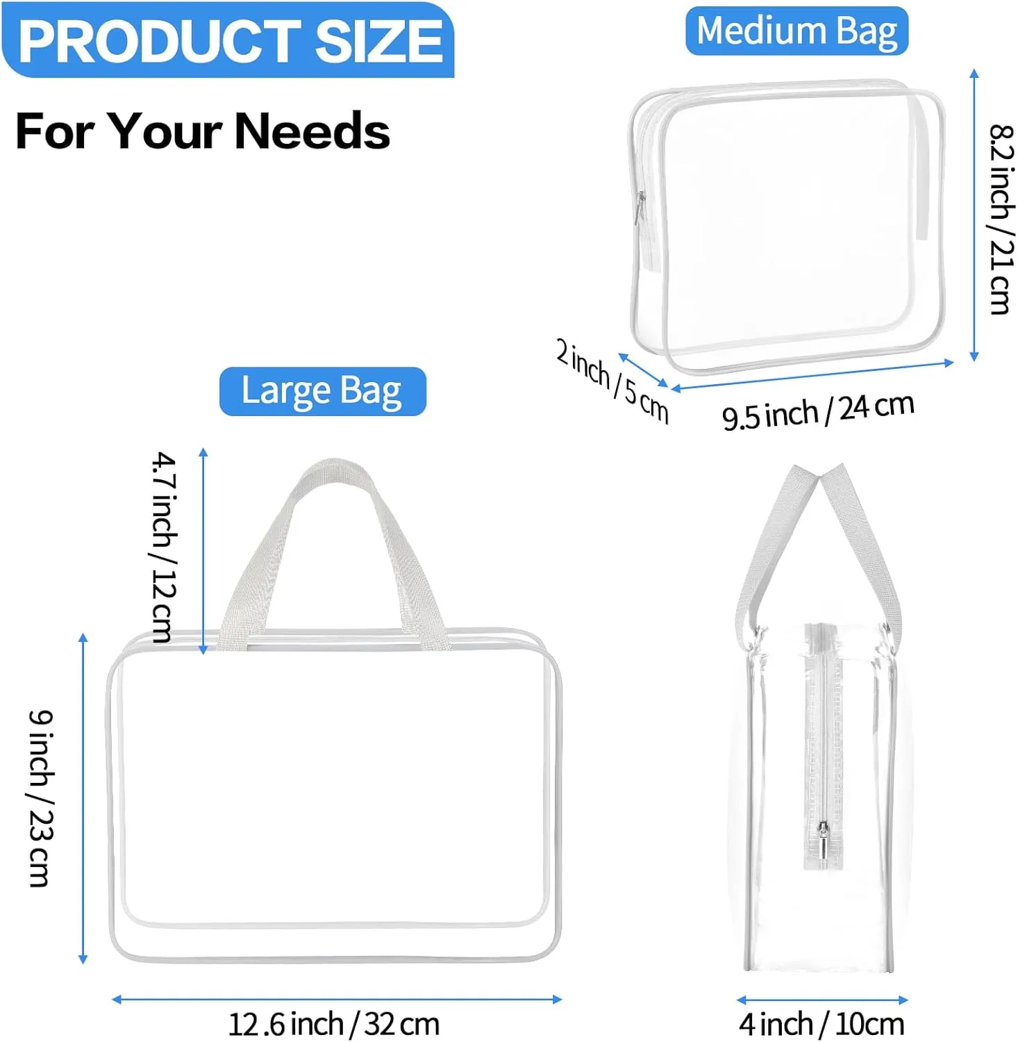 4 Large Makeup Bags, Clear Plastic PVC Tote Bags with Zipper Handle, Portable Travel Luggage Pouch for Airport, Airline, Vacation Organization (GREY)
