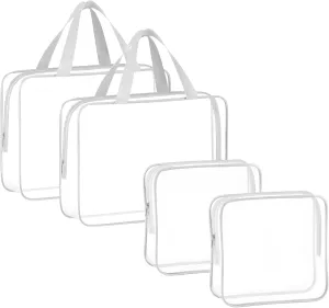 4 Large Makeup Bags, Clear Plastic PVC Tote Bags with Zipper Handle, Portable Travel Luggage Pouch for Airport, Airline, Vacation Organization (GREY)