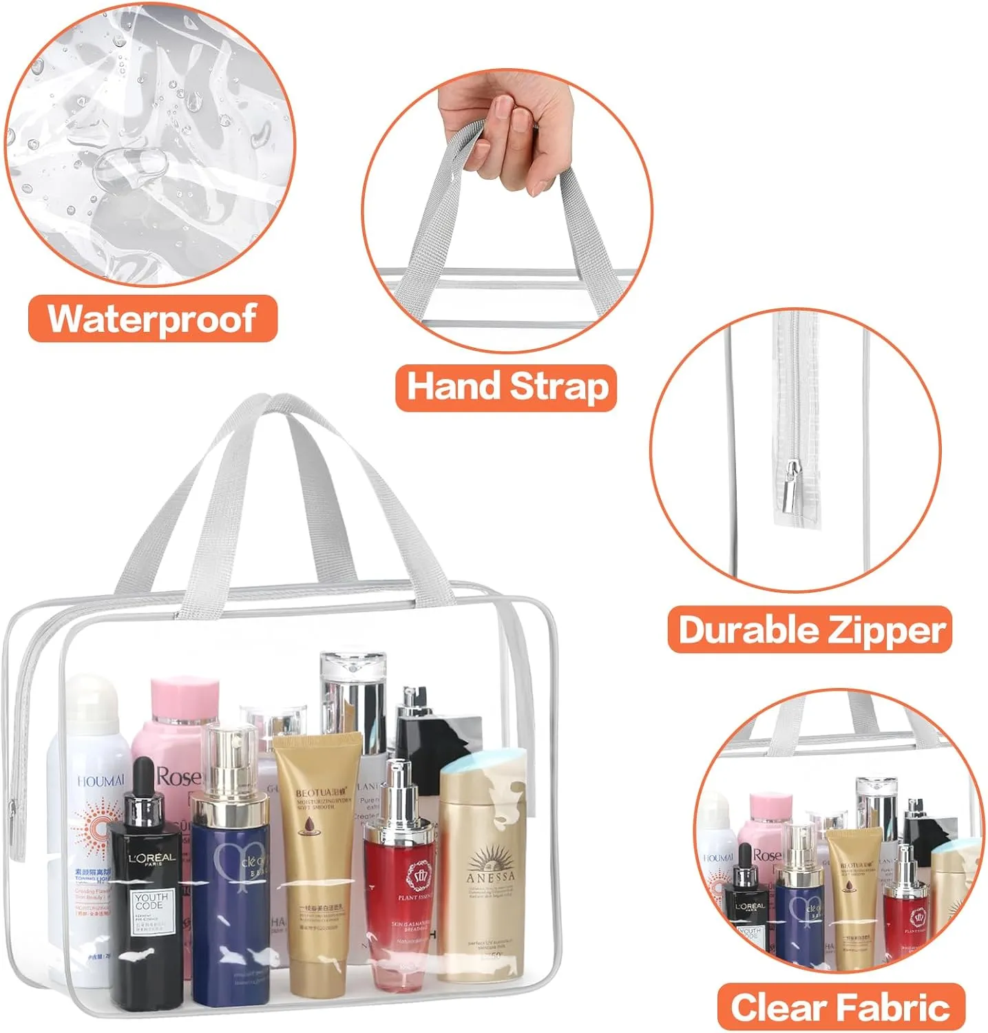 4 Large Makeup Bags, Clear Plastic PVC Tote Bags with Zipper Handle, Portable Travel Luggage Pouch for Airport, Airline, Vacation Organization (GREY)