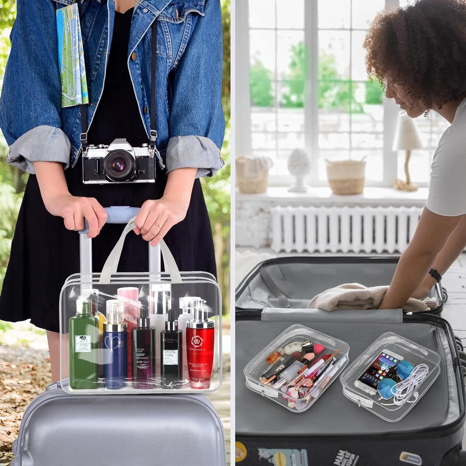4 Large Makeup Bags, Clear Plastic PVC Tote Bags with Zipper Handle, Portable Travel Luggage Pouch for Airport, Airline, Vacation Organization (GREY)