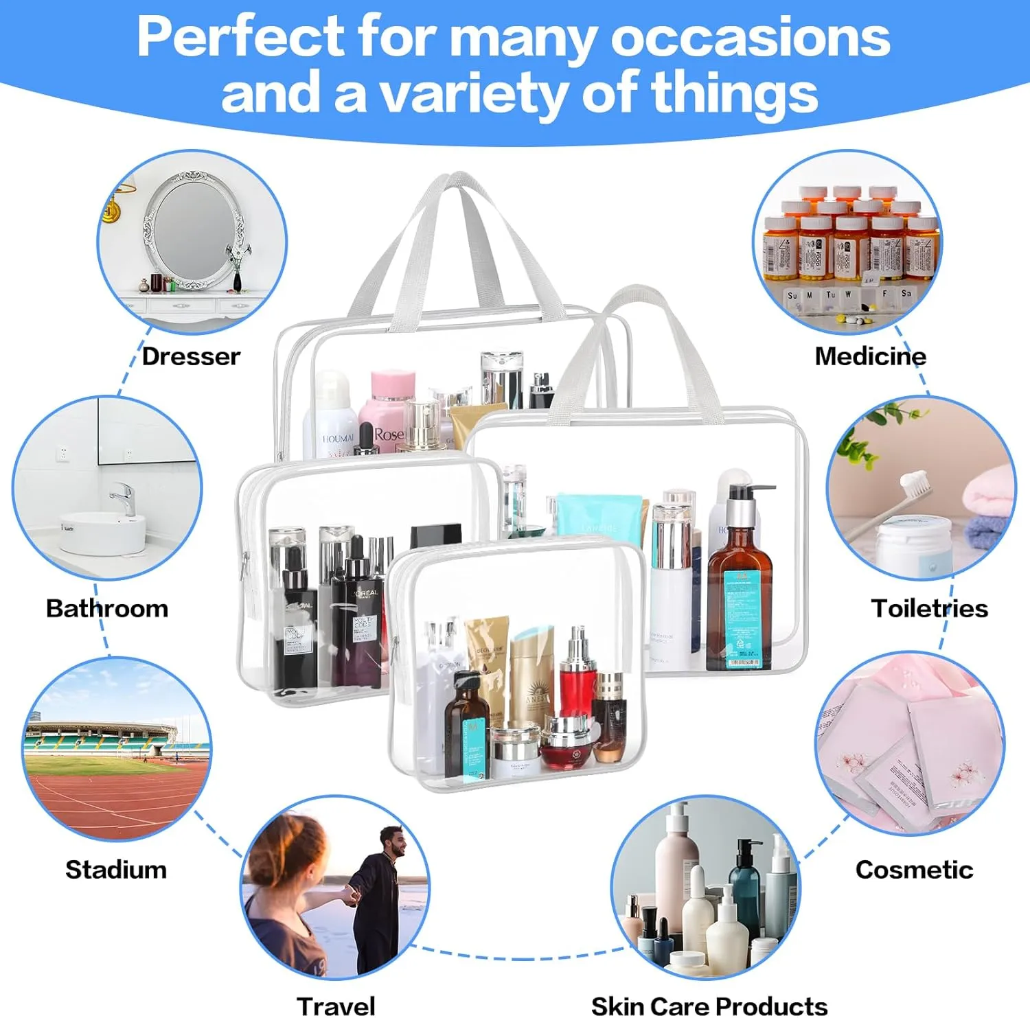 4 Large Makeup Bags, Clear Plastic PVC Tote Bags with Zipper Handle, Portable Travel Luggage Pouch for Airport, Airline, Vacation Organization (GREY)