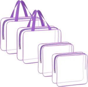 4 Large Makeup Bags, Clear Plastic PVC Tote Bags with Zipper Handle, Portable Travel Luggage Pouch - Purple