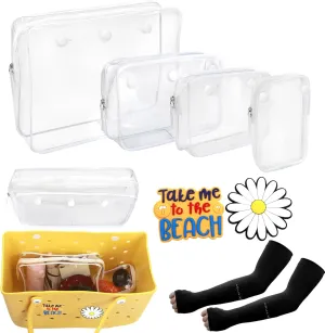 4 Packs Clear Bogg Bag Accessories with a Pair of Arm Sleeves and 2 Packs Decoration Charms for Bogg Bag Beach Tote Bag Travel Cellphone Makeup Clean Toiletry Brush Cosmetic Organizer- White