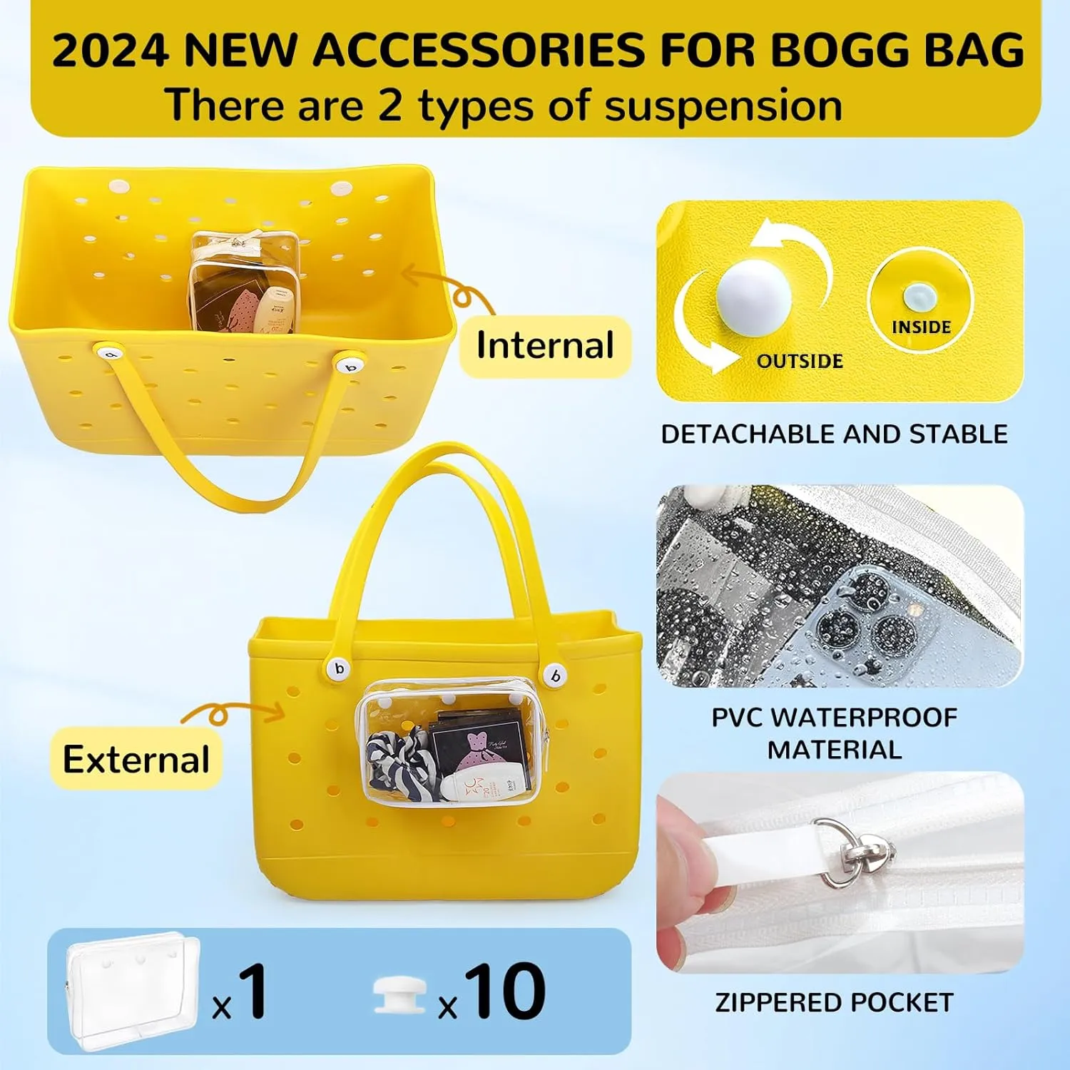 4 Packs Clear Bogg Bag Accessories with a Pair of Arm Sleeves and 2 Packs Decoration Charms for Bogg Bag Beach Tote Bag Travel Cellphone Makeup Clean Toiletry Brush Cosmetic Organizer- White