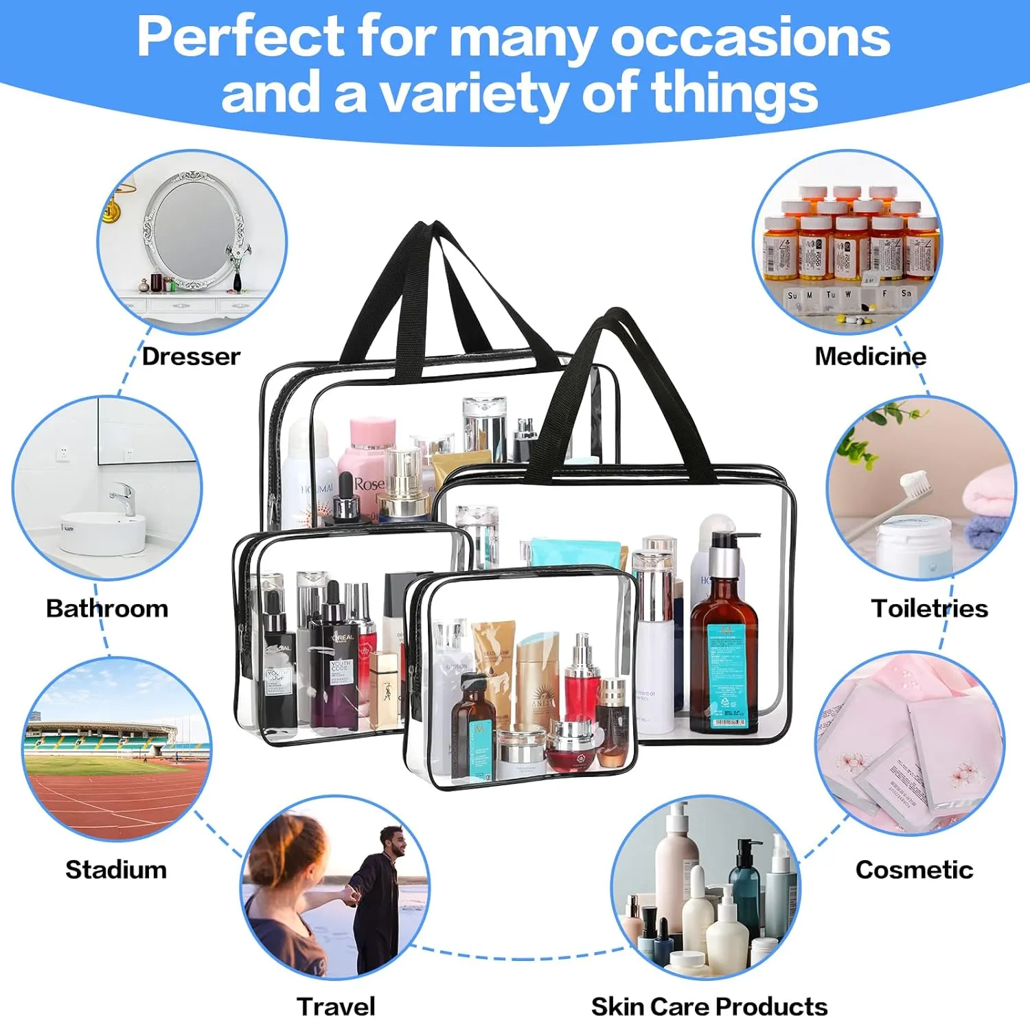 4-Piece Large Makeup Bags - Clear Plastic PVC Tote Bags with Zipper Handle - Portable Travel Luggage Pouch - Airport Airline Vacation Organization (Black)
