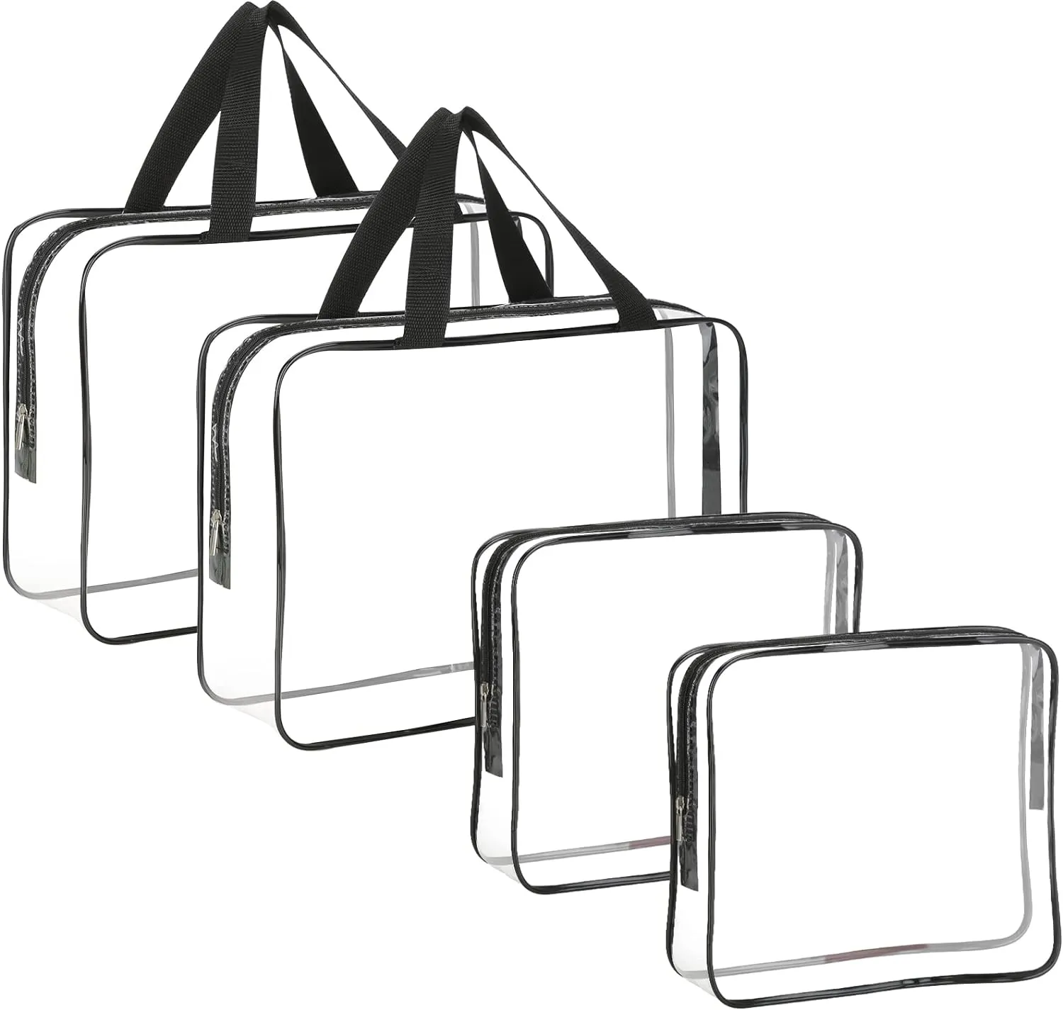 4-Piece Large Makeup Bags - Clear Plastic PVC Tote Bags with Zipper Handle - Portable Travel Luggage Pouch - Airport Airline Vacation Organization (Black)