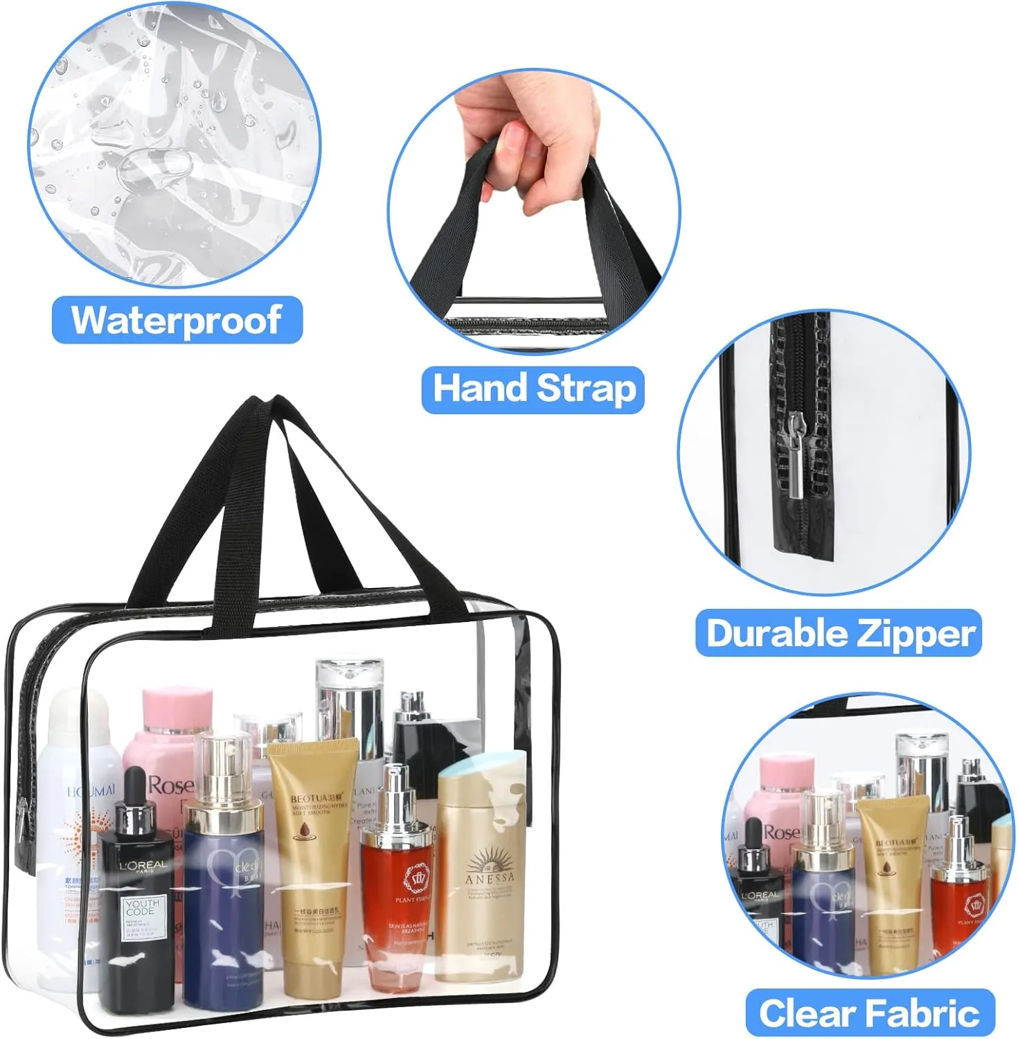 4-Piece Large Makeup Bags - Clear Plastic PVC Tote Bags with Zipper Handle - Portable Travel Luggage Pouch - Airport Airline Vacation Organization (Black)