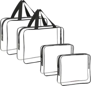 4-Piece Large Makeup Bags - Clear Plastic PVC Tote Bags with Zipper Handle - Portable Travel Luggage Pouch - Airport Airline Vacation Organization (Black)