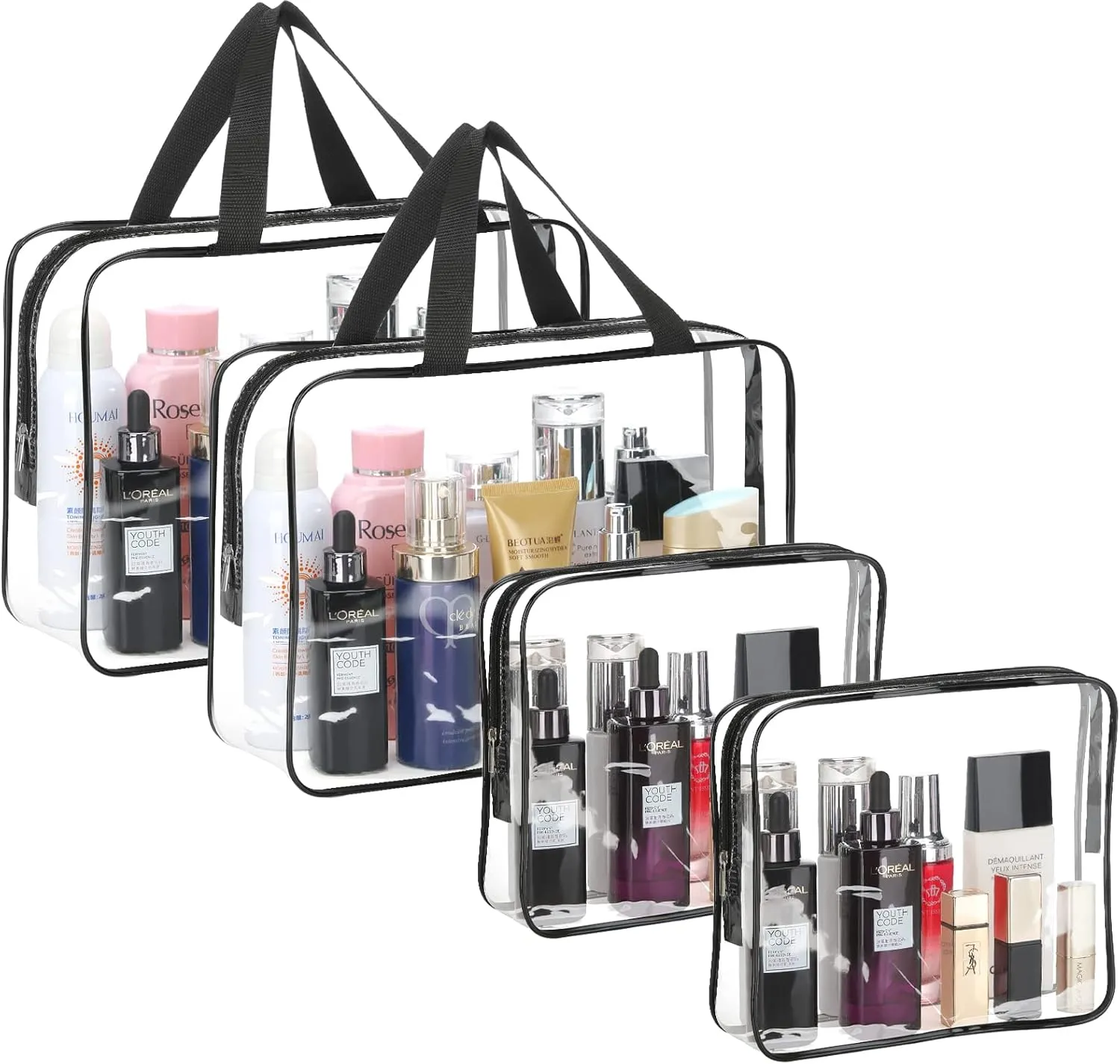4-Piece Large Makeup Bags - Clear Plastic PVC Tote Bags with Zipper Handle - Portable Travel Luggage Pouch - Airport Airline Vacation Organization (Black)