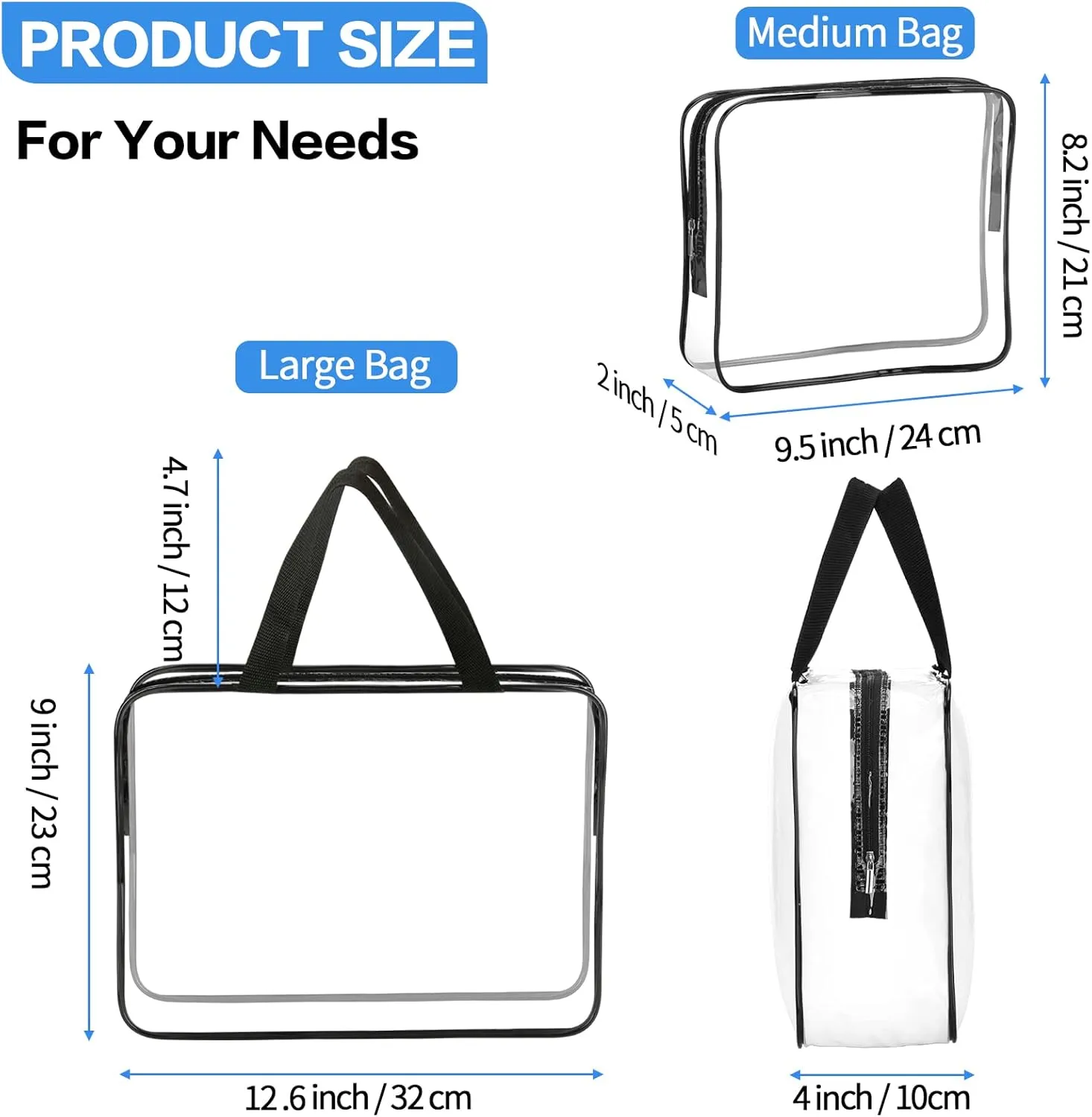 4-Piece Large Makeup Bags - Clear Plastic PVC Tote Bags with Zipper Handle - Portable Travel Luggage Pouch - Airport Airline Vacation Organization (Black)