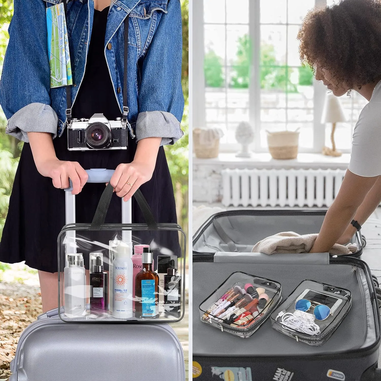 4-Piece Large Makeup Bags - Clear Plastic PVC Tote Bags with Zipper Handle - Portable Travel Luggage Pouch - Airport Airline Vacation Organization (Black)