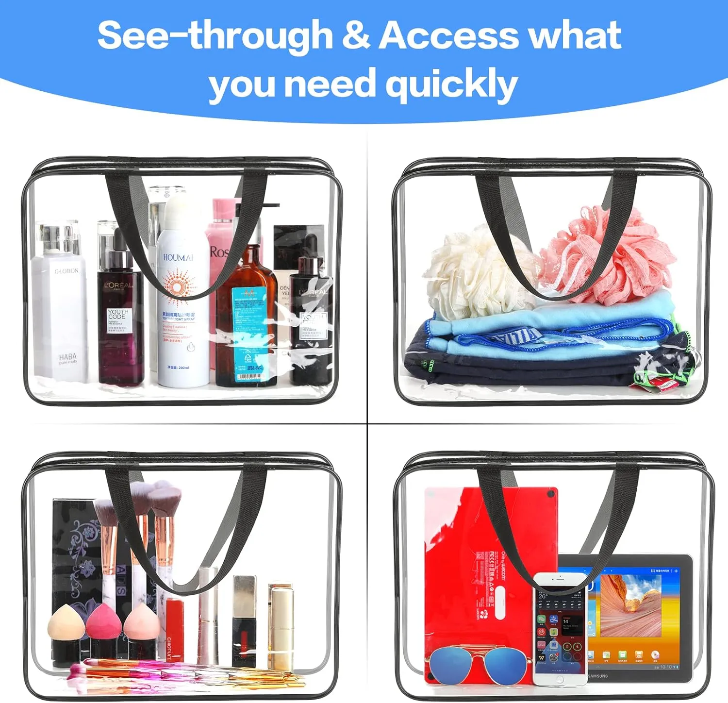 4-Piece Large Makeup Bags - Clear Plastic PVC Tote Bags with Zipper Handle - Portable Travel Luggage Pouch - Airport Airline Vacation Organization (Black)