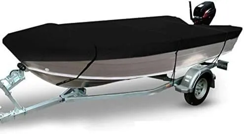 420D Oxford Cloth Boat Cover, Heavy Duty All Weather Outdoor for Yachts, Speedboats, Water Skis, V-Hulls, Black Boat Cover(14-16ft)