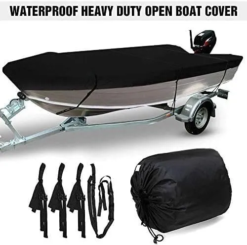420D Oxford Cloth Boat Cover, Heavy Duty All Weather Outdoor for Yachts, Speedboats, Water Skis, V-Hulls, Black Boat Cover(14-16ft)