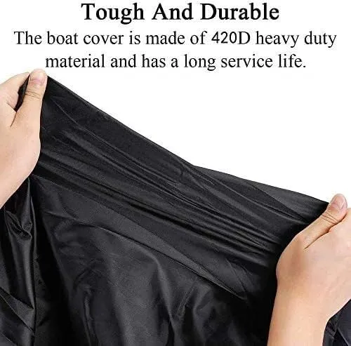 420D Oxford Cloth Boat Cover, Heavy Duty All Weather Outdoor for Yachts, Speedboats, Water Skis, V-Hulls, Black Boat Cover(14-16ft)