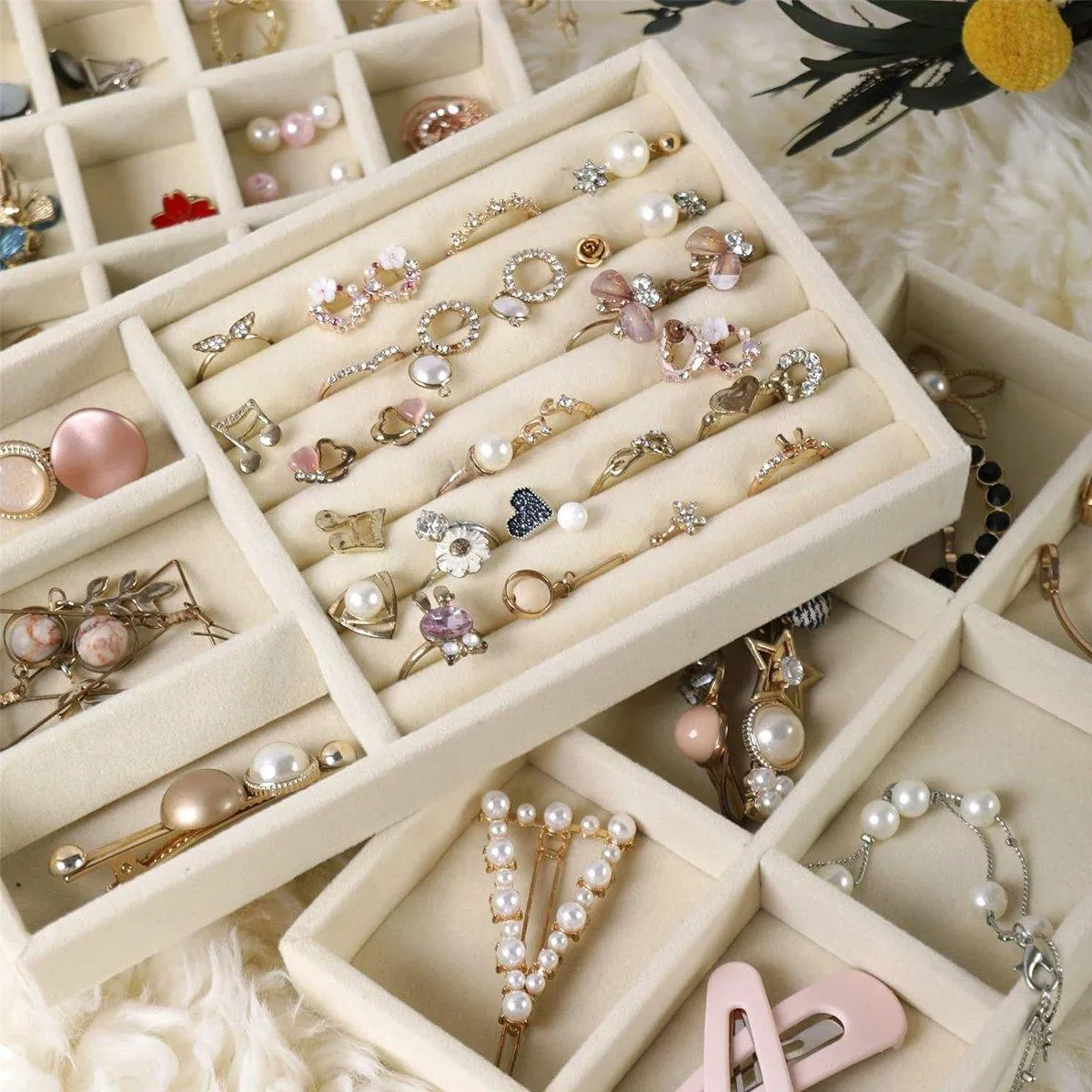 4PCS Flannel Jewelry Storage Trays Necklace Ring Earrings Organizer